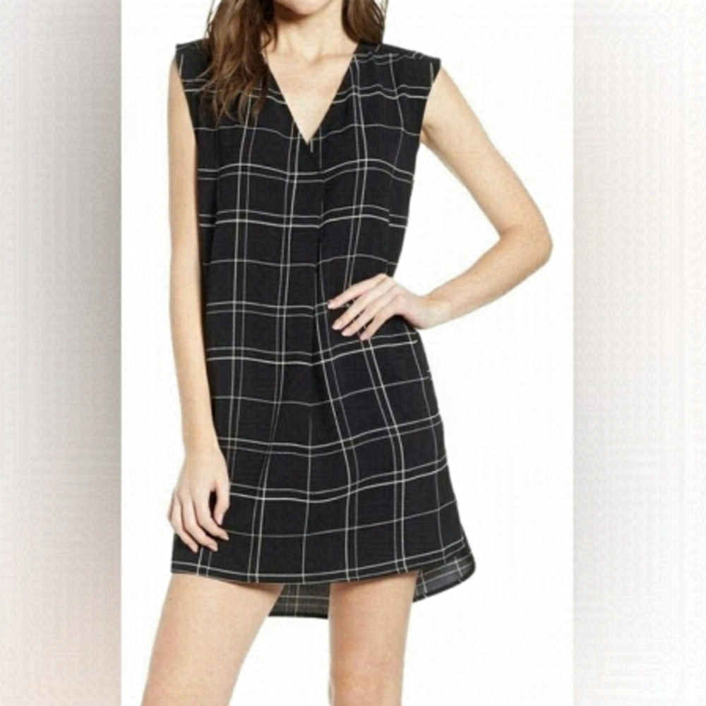 Leith Everyday Shift Dress Window Pane Plaid Pockets Sleeveless Black White S